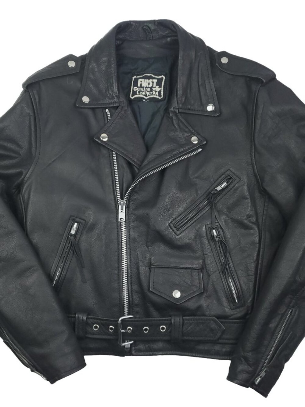 First Genuine Leather Vintage Jacket Motorcycle Biker Zip Men's 42 Medium
